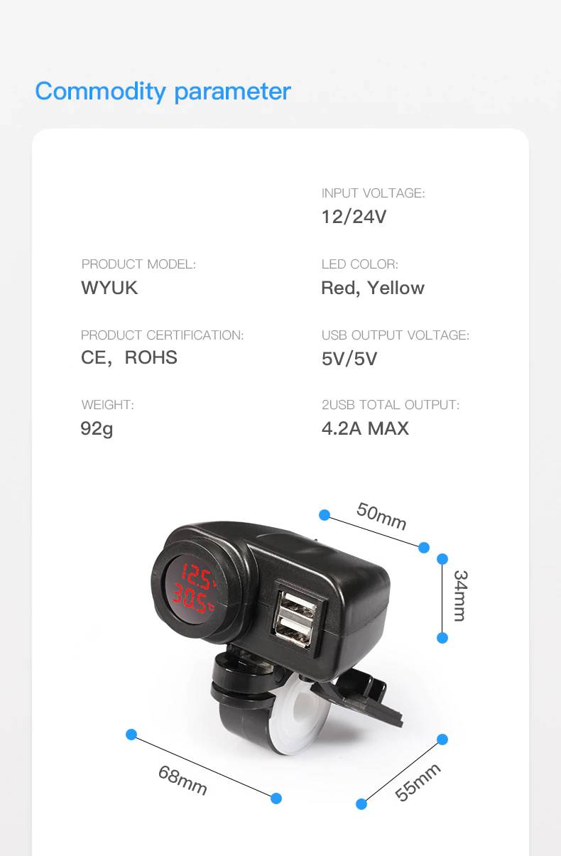 Dual Usb Waterproof Charger For Motorcycle With Temperature Display Plug Kit 4.2 A Volt Cable Switch On/Off Dual Usb Waterproof Charger For Motorcycle With Temperature Display Plug Kit 4.2 A Volt Cable Switch On/Off