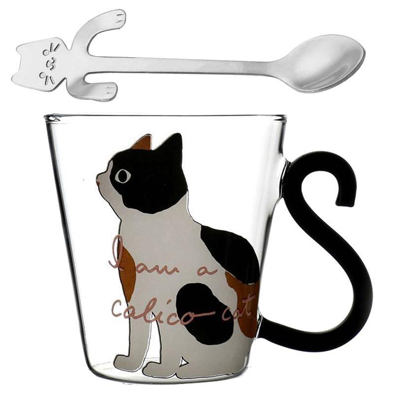 Cute Cats Heat Resistant Insulation Glass Tea Coffee Mug with Spoon Cute Cats Heat Resistant Insulation Glass Tea Coffee Mug with Spoon