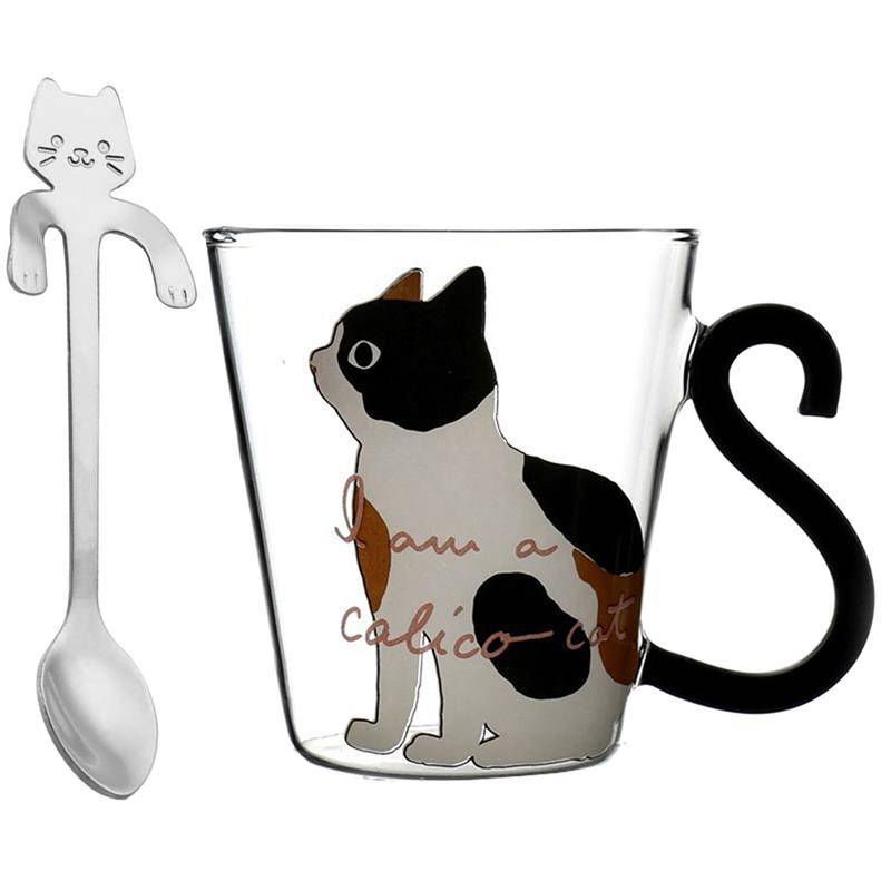 Cute Cats Heat Resistant Insulation Glass Tea Coffee Mug with Spoon Cute Cats Heat Resistant Insulation Glass Tea Coffee Mug with Spoon