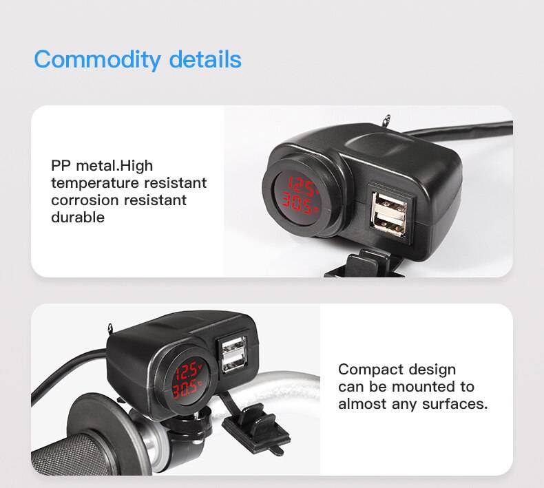 Dual Usb Waterproof Charger For Motorcycle With Temperature Display Plug Kit 4.2 A Volt Cable Switch On/Off Dual Usb Waterproof Charger For Motorcycle With Temperature Display Plug Kit 4.2 A Volt Cable Switch On/Off