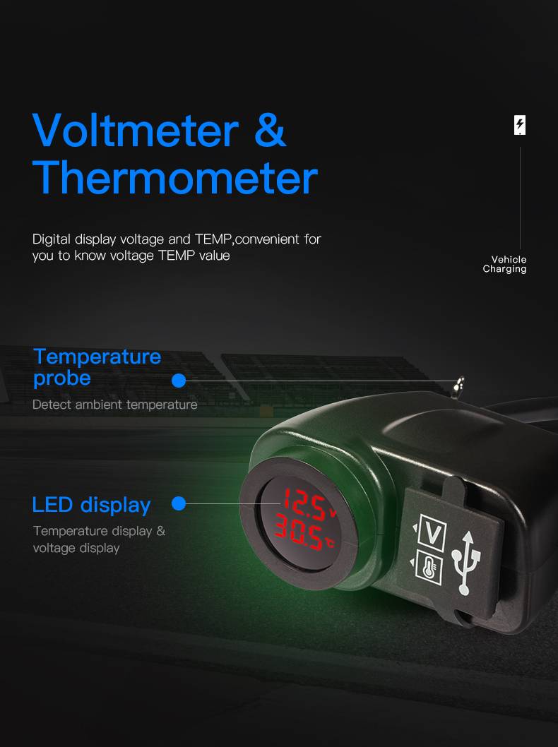 Dual Usb Waterproof Charger For Motorcycle With Temperature Display Plug Kit 4.2 A Volt Cable Switch On/Off Dual Usb Waterproof Charger For Motorcycle With Temperature Display Plug Kit 4.2 A Volt Cable Switch On/Off