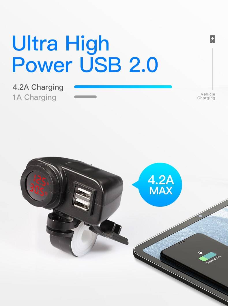Dual Usb Waterproof Charger For Motorcycle With Temperature Display Plug Kit 4.2 A Volt Cable Switch On/Off Dual Usb Waterproof Charger For Motorcycle With Temperature Display Plug Kit 4.2 A Volt Cable Switch On/Off