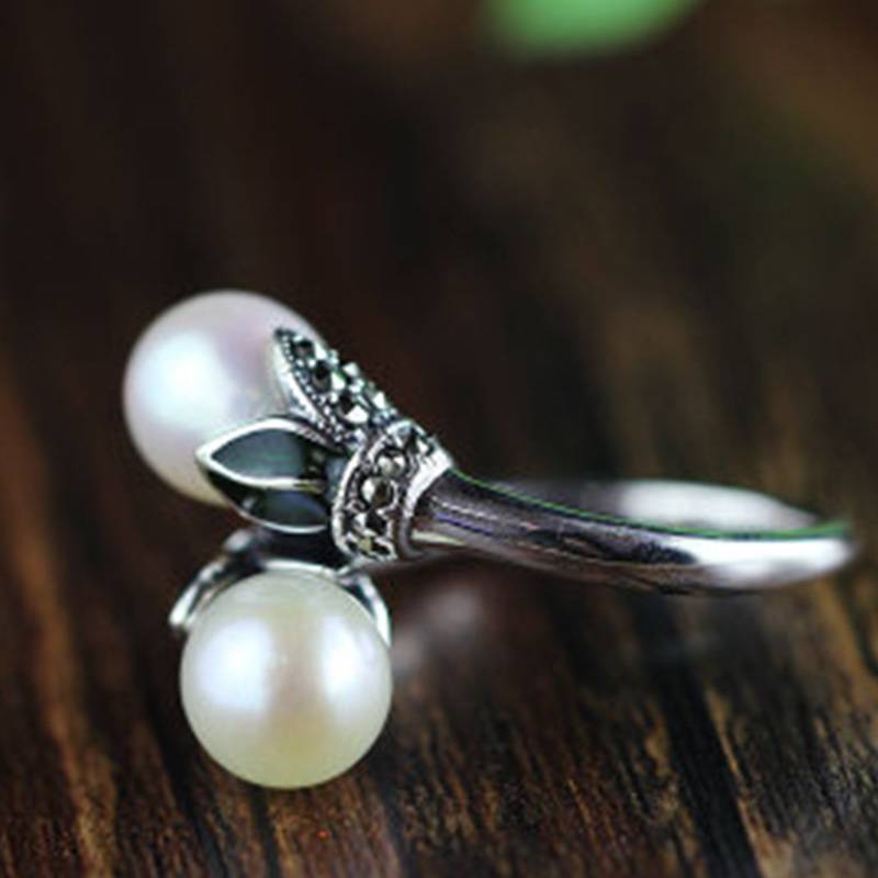 Double Freshwater Pearls Sterling Silver Ring Silver