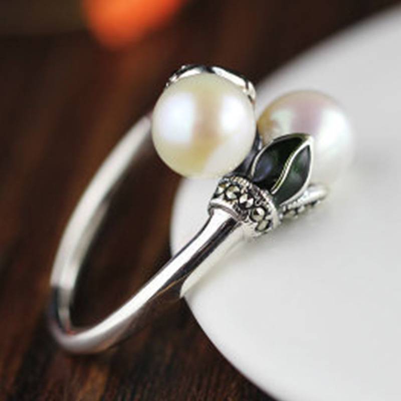 Double Freshwater Pearls Sterling Silver Ring Silver